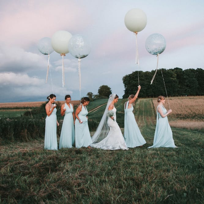 Bridesmaids In Baby Blue Mulitway Dresses // Glastonbury Themed Table Plan For Wedding At Stone Barn Cotwolds With Groom In Cad &amp; The Dandy Images Meghan Lorna