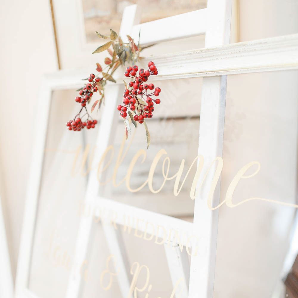 Glass Wedding Sign | Red New Years Eve Winter Wedding at Iscoyd Park, Shropshire | White Stag Wedding Photography | Lovetwofilm