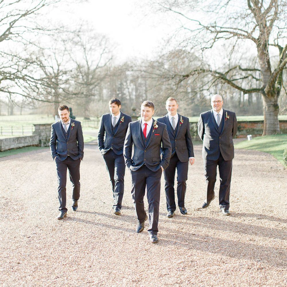 Groomsmen in Slater Suits | Red New Years Eve Winter Wedding at Iscoyd Park, Shropshire | White Stag Wedding Photography | Lovetwofilm