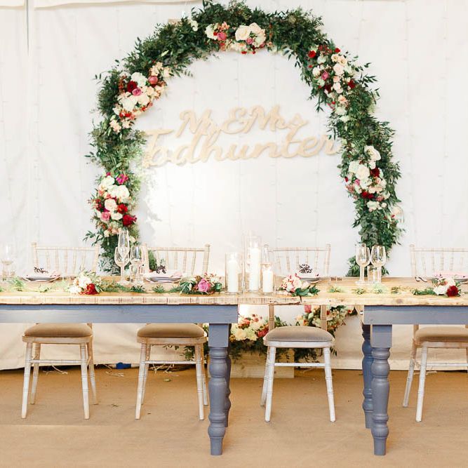 Floral Hoop Top Table Wedding Decor | Wedding Reception Decor | Red New Years Eve Winter Wedding at Iscoyd Park, Shropshire | White Stag Wedding Photography | Lovetwofilm