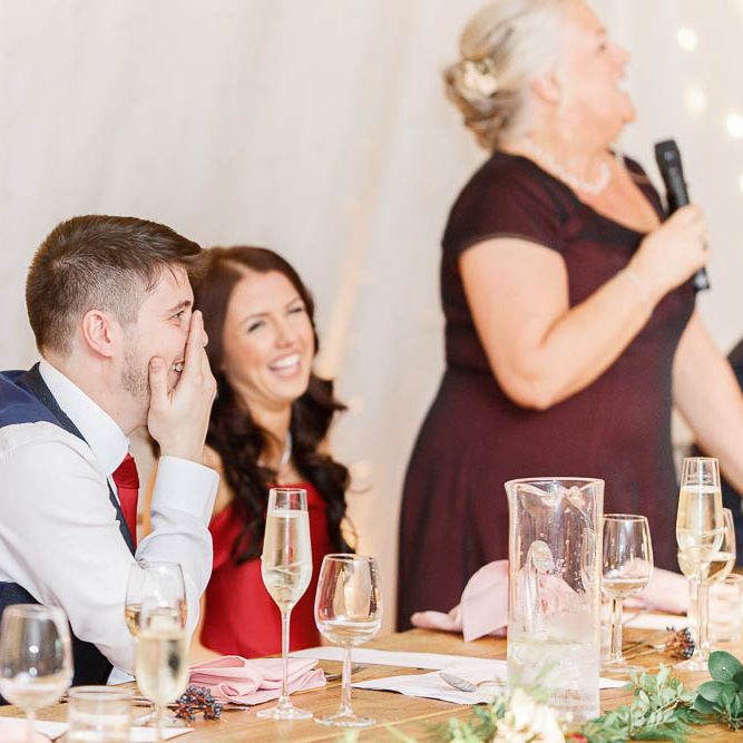 Wedding Reception Speeches | Bride in Bespoke Red Gown from agape Bridal Boutique | Groom in Slaters Suit | Red New Years Eve Winter Wedding at Iscoyd Park, Shropshire | White Stag Wedding Photography | Lovetwofilm