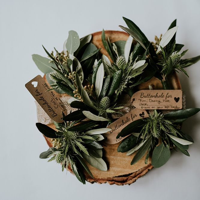Foliage buttonholes for groomsmen