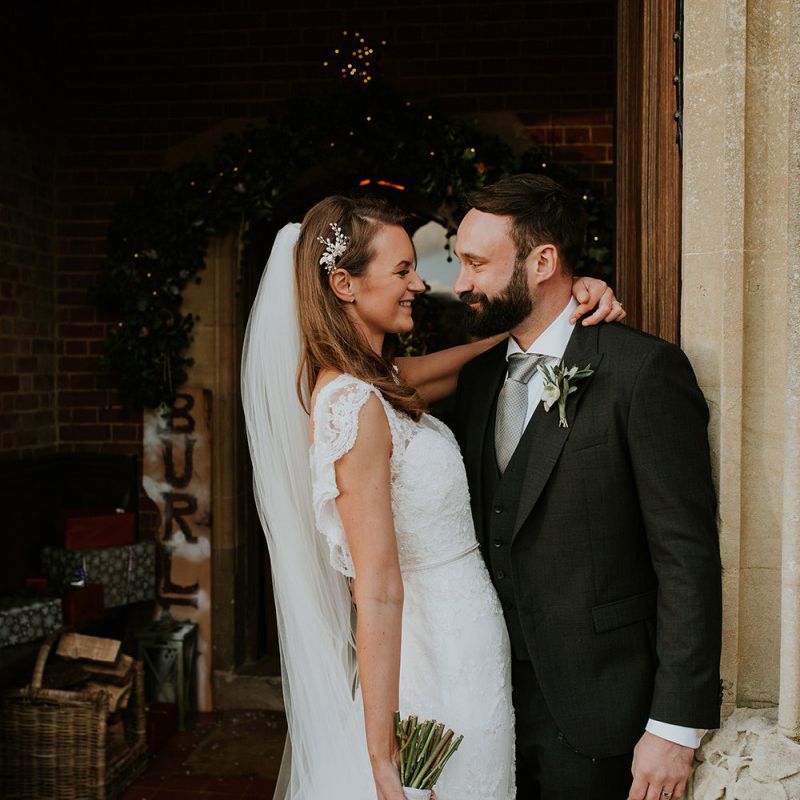Bride and groom at winter wedding in Hampshire