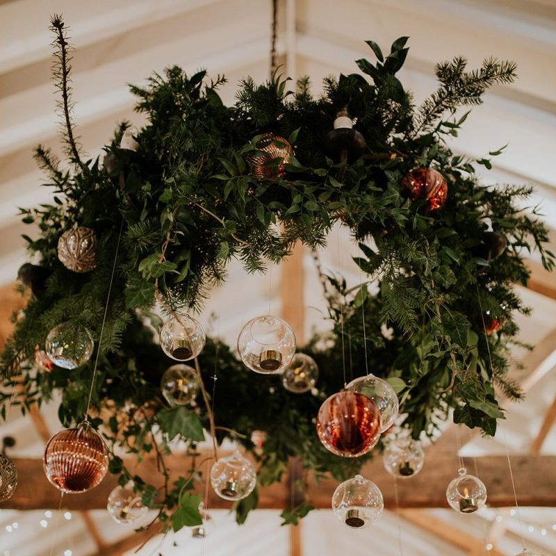 Foliage chandelier with baubles at Burley Manor