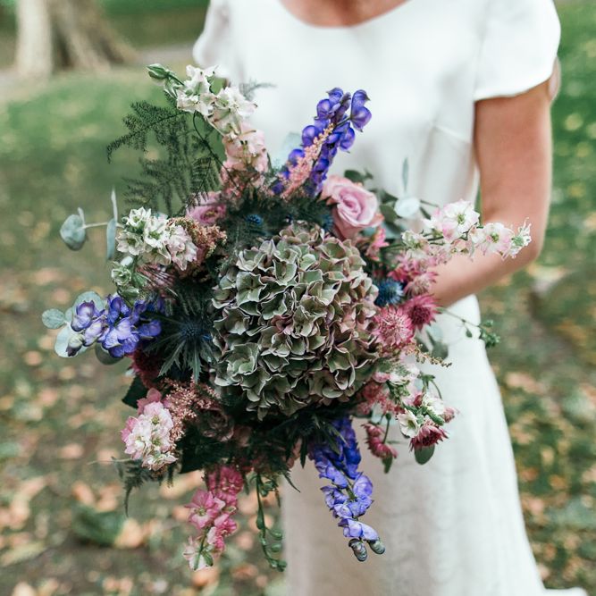 Hydrangea Wedding Bouquet // Dry Hire Wedding Venue Dilston Grove London With Bride In Sally Lacock And Groom In Mr Start With Images From Joasis Photography