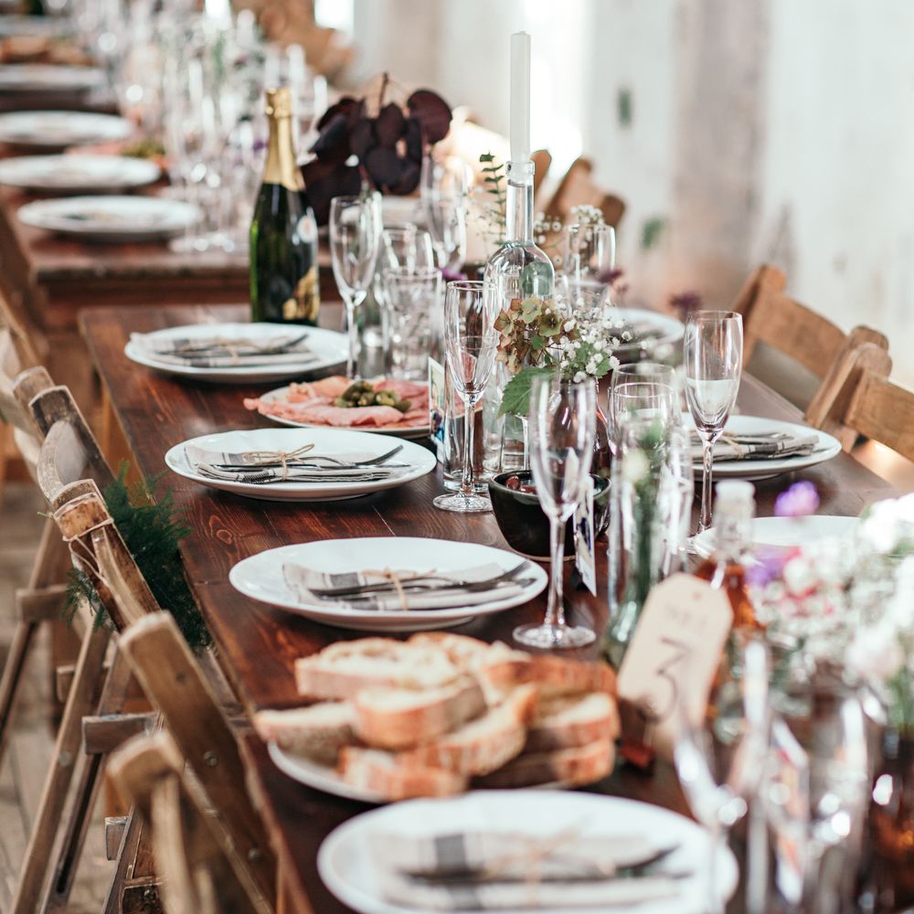 Wooden Trestle Tables For Wedding // Dry Hire Wedding Venue Dilston Grove London With Bride In Sally Lacock And Groom In Mr Start With Images From Joasis Photography