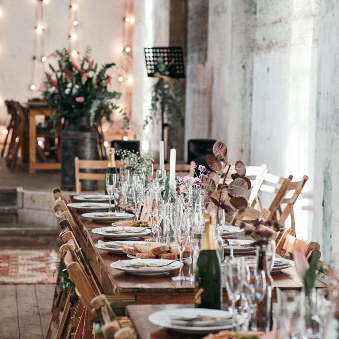 Wooden Trestle Tables For Wedding // Dry Hire Wedding Venue Dilston Grove London With Bride In Sally Lacock And Groom In Mr Start With Images From Joasis Photography