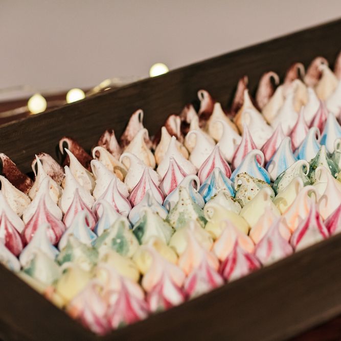 Meringue Girls Wedding Favours // Dry Hire Wedding Venue Dilston Grove London With Bride In Sally Lacock And Groom In Mr Start With Images From Joasis Photography