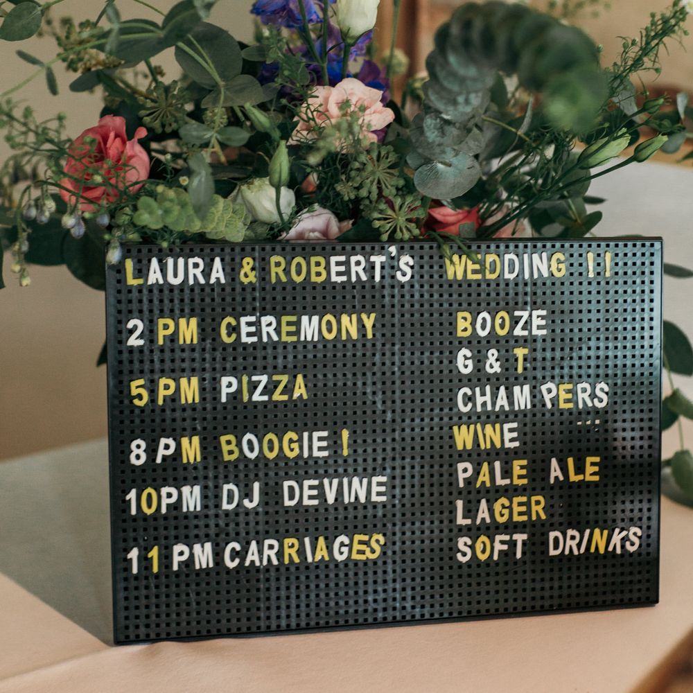 Peg Board Sign For Wedding // Dry Hire Wedding Venue Dilston Grove London With Bride In Sally Lacock And Groom In Mr Start With Images From Joasis Photography