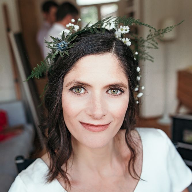 Foliage Crown For Bride // Dry Hire Wedding Venue Dilston Grove London With Bride In Sally Lacock And Groom In Mr Start With Images From Joasis Photography