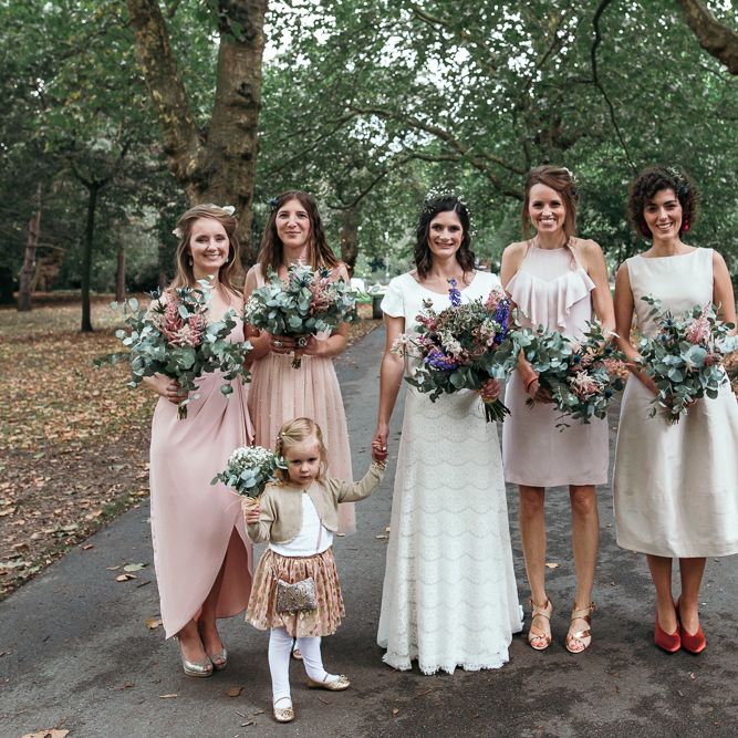 Bridesmaids In Pale Pink Dresses // Dry Hire Wedding Venue Dilston Grove London With Bride In Sally Lacock And Groom In Mr Start With Images From Joasis Photography