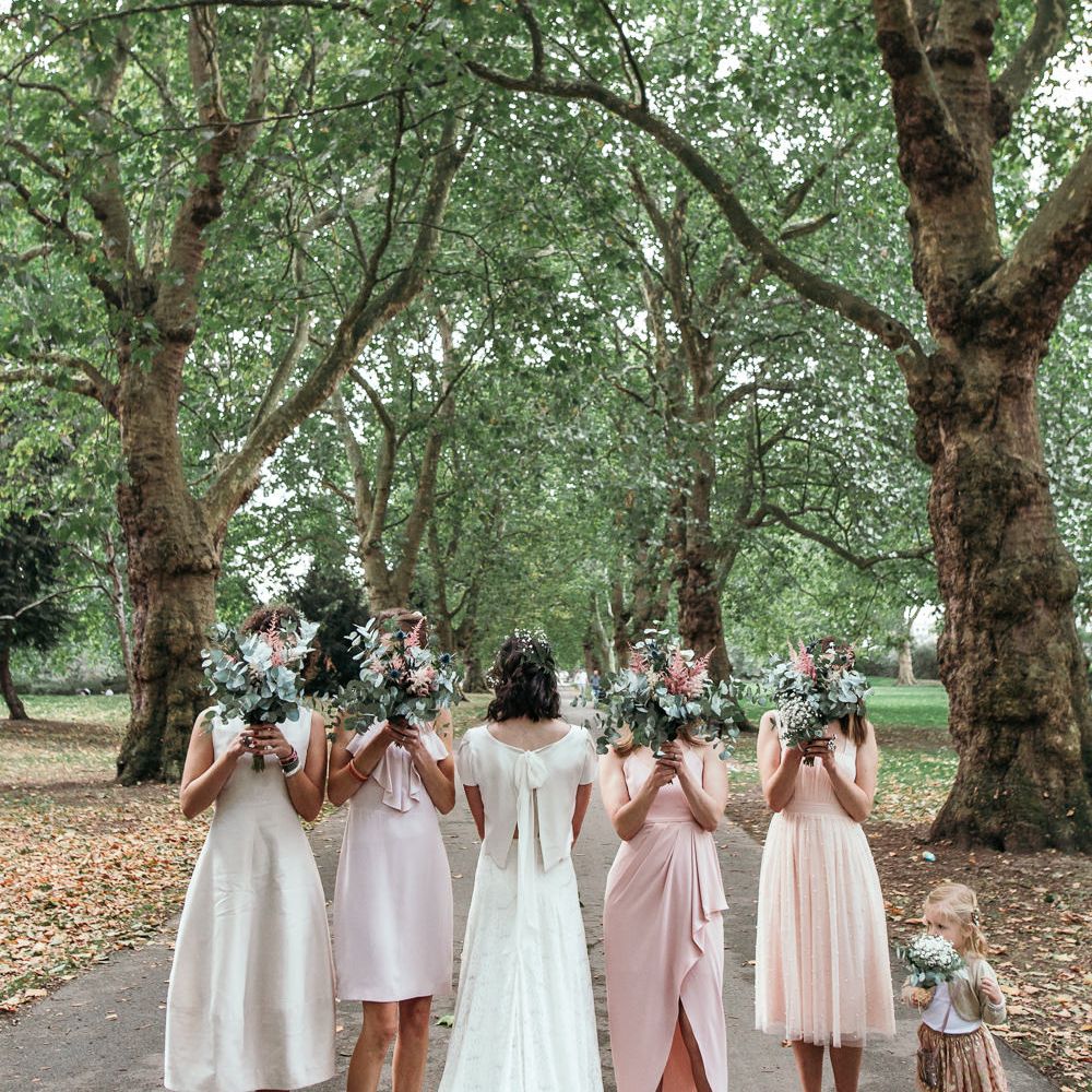 Bridesmaids In Pale Pink Dresses // Dry Hire Wedding Venue Dilston Grove London With Bride In Sally Lacock And Groom In Mr Start With Images From Joasis Photography