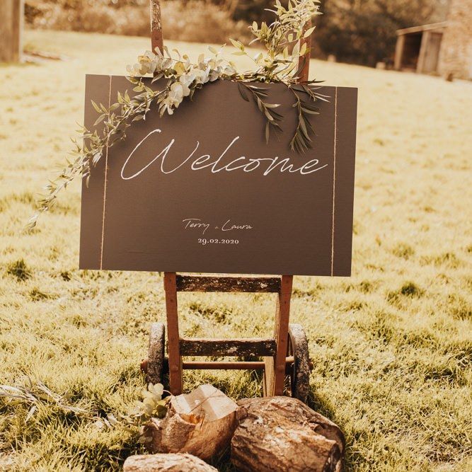 Wedding welcome sign at Nancarrow Farm venue in Cornwall