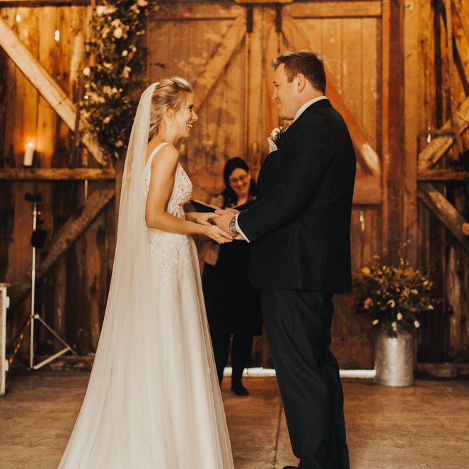 Wedding ceremony in barn at Nancarrow Farm