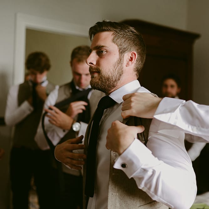 Wedding Morning Groomsmen Preparations | Outdoor Boho Wedding at Chateau le Tour, France | Adam and Grace Photography | Head and Heart Films