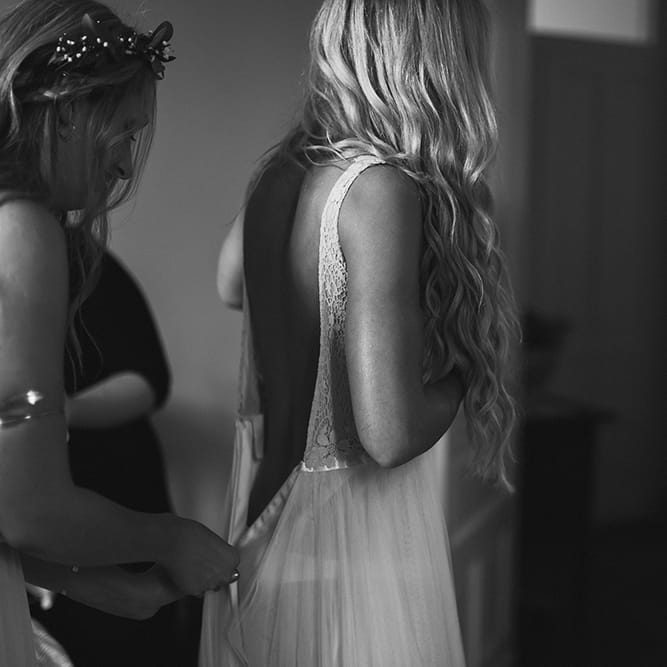Wedding Morning Bridal Preparations | Groom in Daalarna Bridal Gown | Outdoor Boho Wedding at Chateau le Tour, France | Adam and Grace Photography | Head and Heart Films