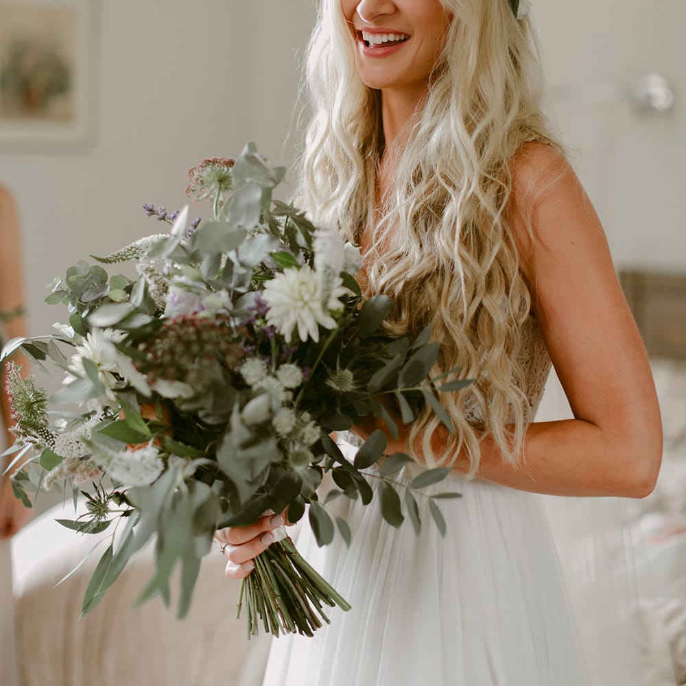 Boho Bride in Daarlarna Gown with Mermaid Hair &amp; Flower Crown | Outdoor Boho Wedding at Chateau le Tour, France | Adam and Grace Photography | Head and Heart Films