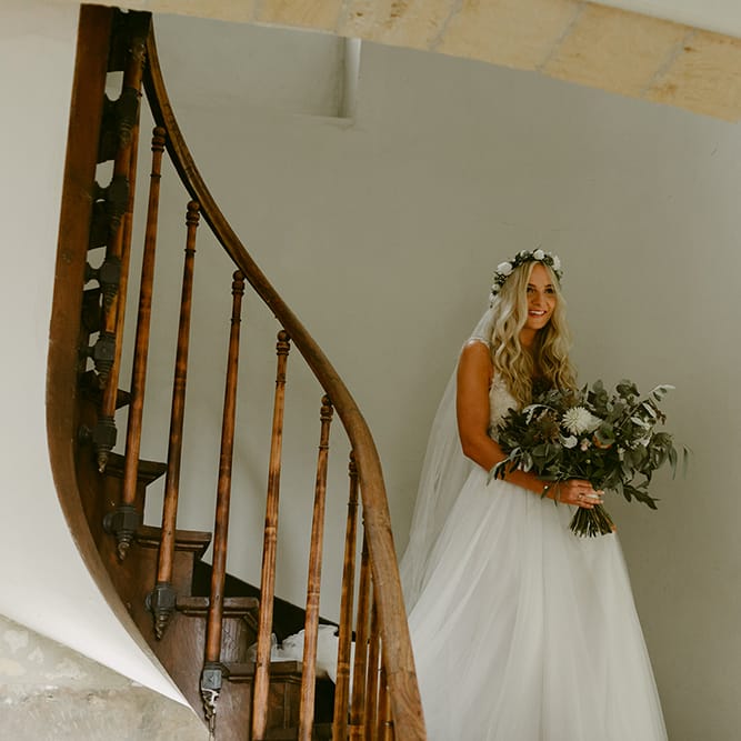 Boho Bride in Daarlarna Gown with Mermaid Hair &amp; Flower Crown | Outdoor Boho Wedding at Chateau le Tour, France | Adam and Grace Photography | Head and Heart Films