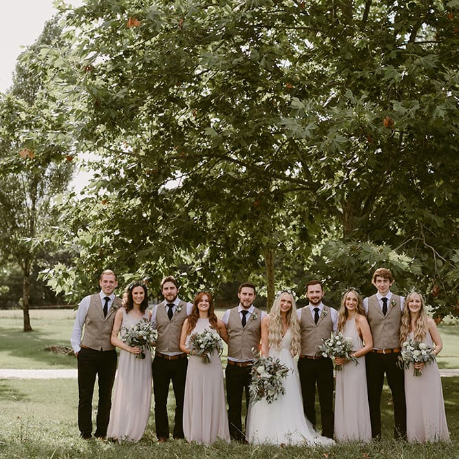 Wedding Party | Bride in Daalarna Bridal Gown | Bridesmaids in Show Me Your Mumu Dresses | Groomsmen in Waistcoats | Outdoor Boho Wedding at Chateau le Tour, France | Adam and Grace Photography | Head and Heart Films