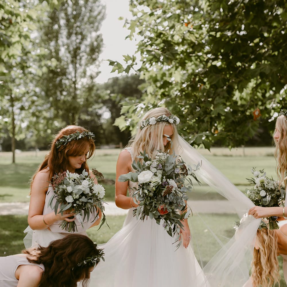 Bridal Party | Bride in Daalarna Bridal Gown | Bridesmaids in Show Me Your Mumu Dresses | Outdoor Boho Wedding at Chateau le Tour, France | Adam and Grace Photography | Head and Heart Films