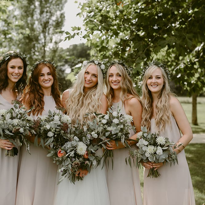 Bridal Party | Bride in Daalarna Bridal Gown | Bridesmaids in Show Me Your Mumu Dresses | Outdoor Boho Wedding at Chateau le Tour, France | Adam and Grace Photography | Head and Heart Films