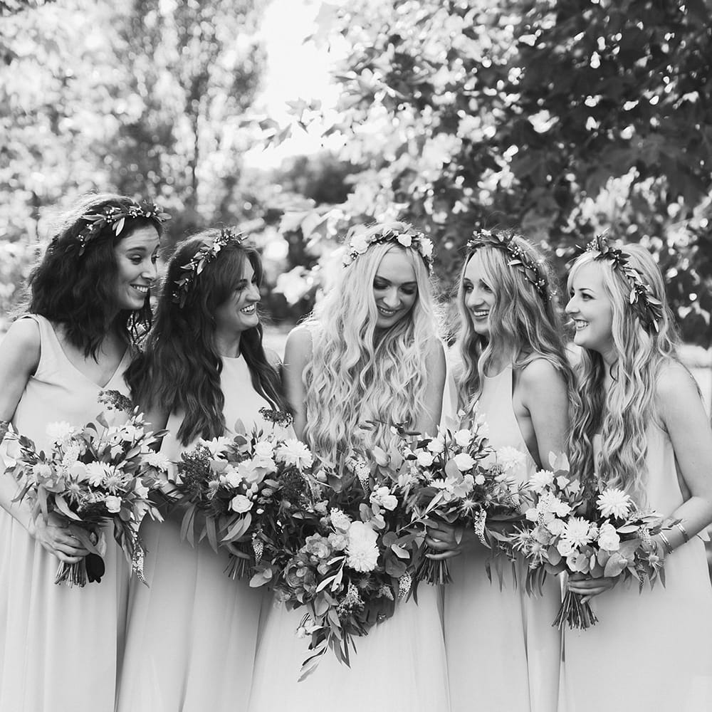 Bridal Party | Bride in Daalarna Bridal Gown | Bridesmaids in Show Me Your Mumu Dresses | Outdoor Boho Wedding at Chateau le Tour, France | Adam and Grace Photography | Head and Heart Films