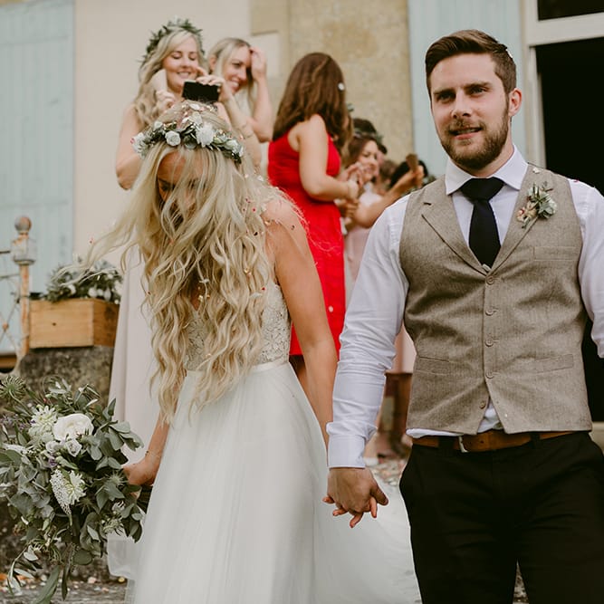 Boho Bride with Mermaid Hair  in Daalarna Bridal Gown | Groom in Waistcoat | Outdoor Boho Wedding at Chateau le Tour, France | Adam and Grace Photography | Head and Heart Films