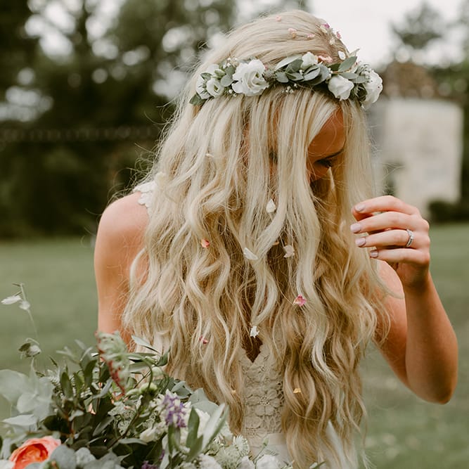 Boho Bride with Mermaid Hair  &amp; Flower Crown in Daalarna Bridal Gown | Outdoor Boho Wedding at Chateau le Tour, France | Adam and Grace Photography | Head and Heart Films