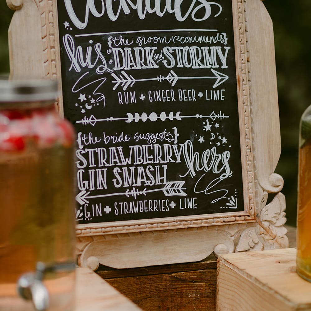 Chalkboard Cocktail Sign | Festoon Lit Outdoor Boho Wedding at Chateau le Tour, France | Adam and Grace Photography | Head and Heart Films