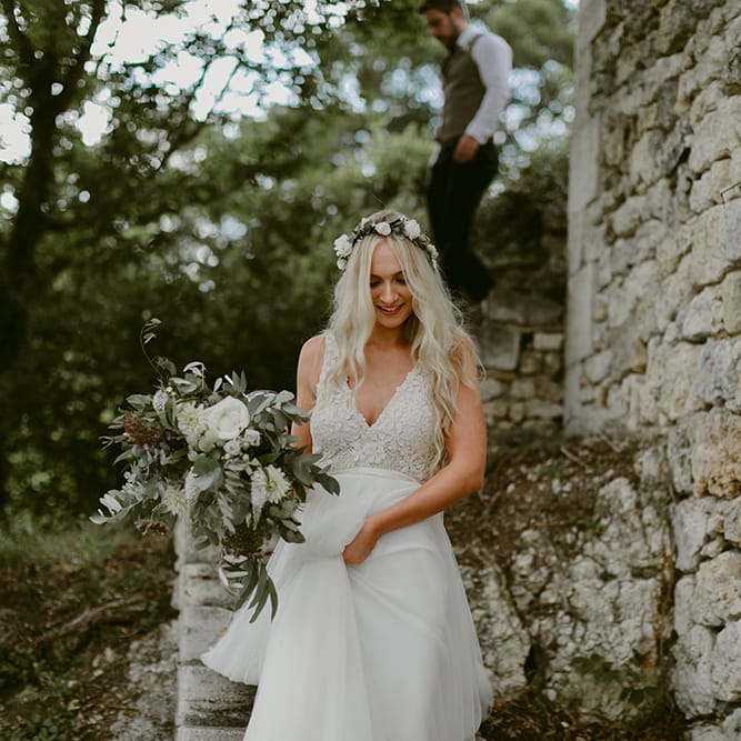 Boho Bride in Daarlarna Gown with Mermaid Hair &amp; Flower Crown | Outdoor Boho Wedding at Chateau le Tour, France | Adam and Grace Photography | Head and Heart Films