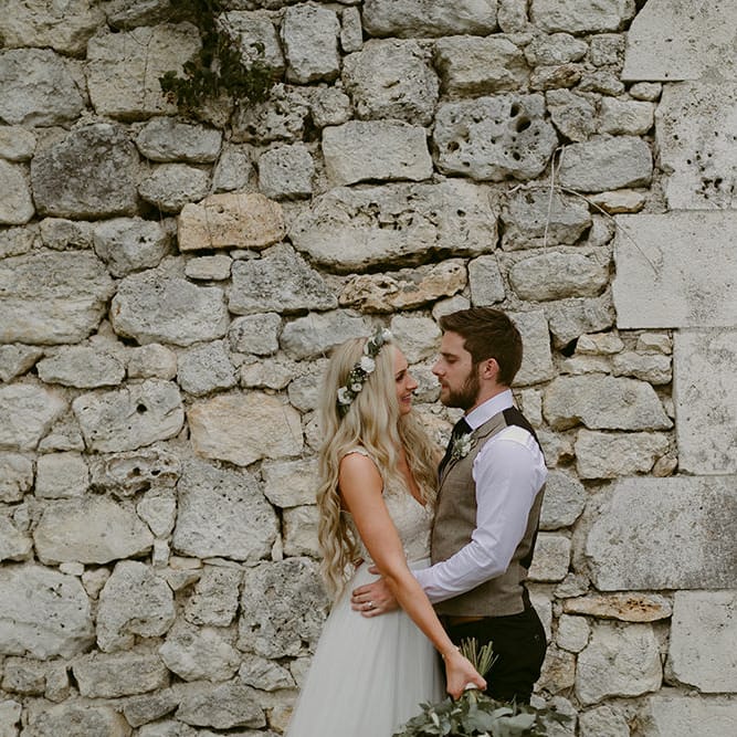Bride in Daalarna Bridal Gown | Groom in Waistcoat | Festoon Lit Outdoor Boho Wedding at Chateau le Tour, France | Adam and Grace Photography | Head and Heart Films