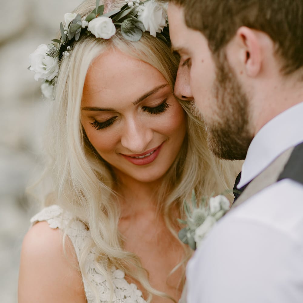 Bride in Daalarna Bridal Gown | Groom in Waistcoat | Festoon Lit Outdoor Boho Wedding at Chateau le Tour, France | Adam and Grace Photography | Head and Heart Films
