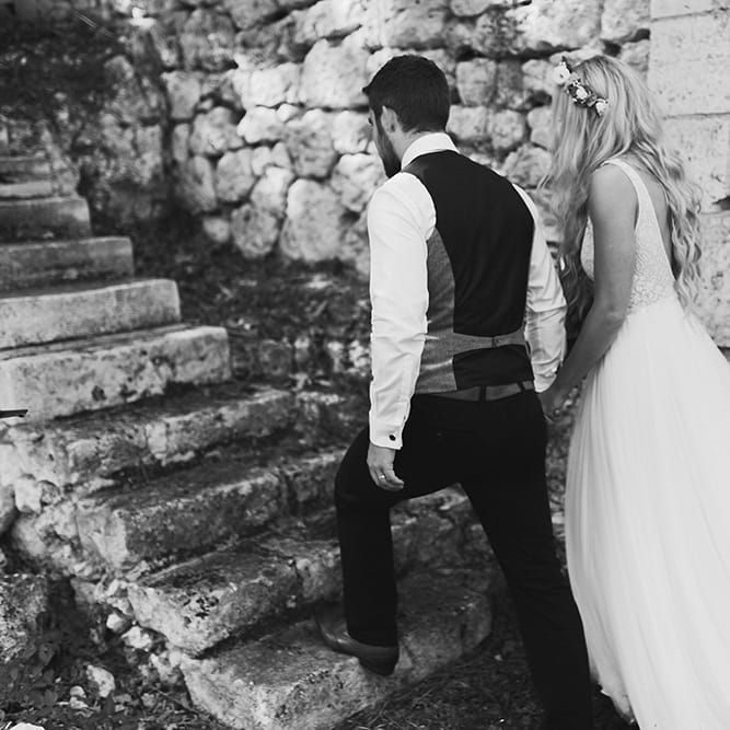 Bride in Daalarna Bridal Gown | Groom in Waistcoat | Festoon Lit Outdoor Boho Wedding at Chateau le Tour, France | Adam and Grace Photography | Head and Heart Films