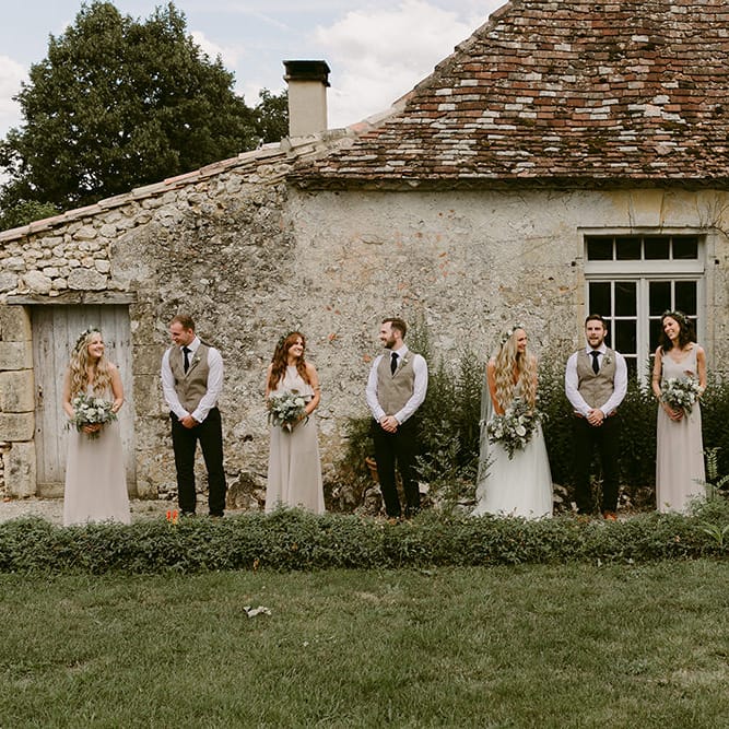 Wedding Party | Bride in Daalarna Bridal Gown | Bridesmaids in Show Me Your Mumu Dresses | Groomsmen in Waistcoats | Outdoor Boho Wedding at Chateau le Tour, France | Adam and Grace Photography | Head and Heart Films