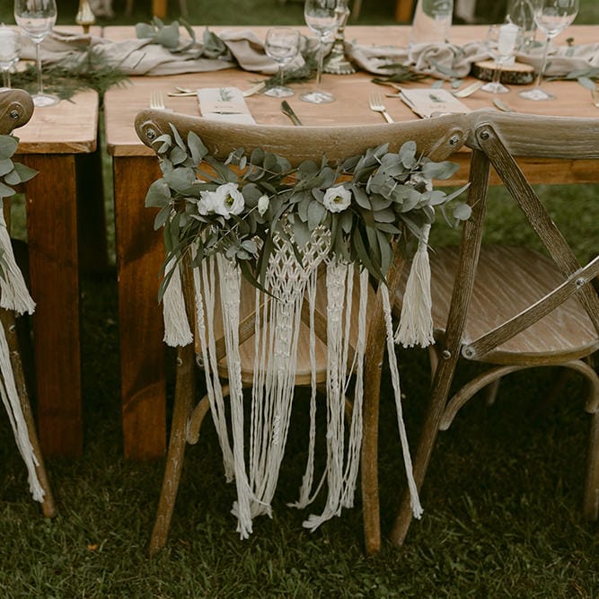 Macrame &amp; Greenery Chair Back Decor | Festoon Lit Outdoor Boho Wedding at Chateau le Tour, France | Adam and Grace Photography | Head and Heart Films