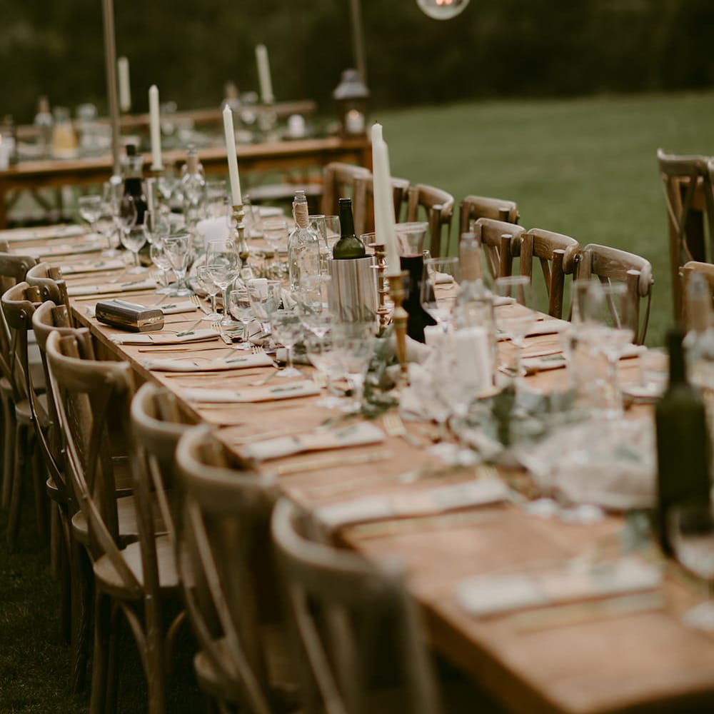 Trestle Tablescape | Festoon Lit Outdoor Boho Wedding at Chateau le Tour, France | Adam and Grace Photography | Head and Heart Films