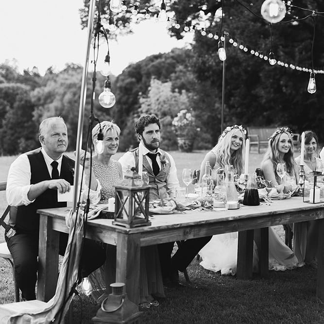 Bride in Daalarna Bridal Gown | Groom in Waistcoat | Festoon Lit Outdoor Boho Wedding at Chateau le Tour, France | Adam and Grace Photography | Head and Heart Films