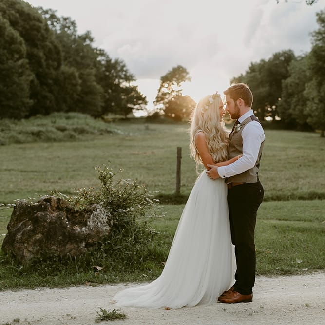 Golden Hour | Bride in Daalarna Bridal Gown | Groom in Waistcoat | Outdoor Boho Wedding at Chateau le Tour, France | Adam and Grace Photography | Head and Heart Films