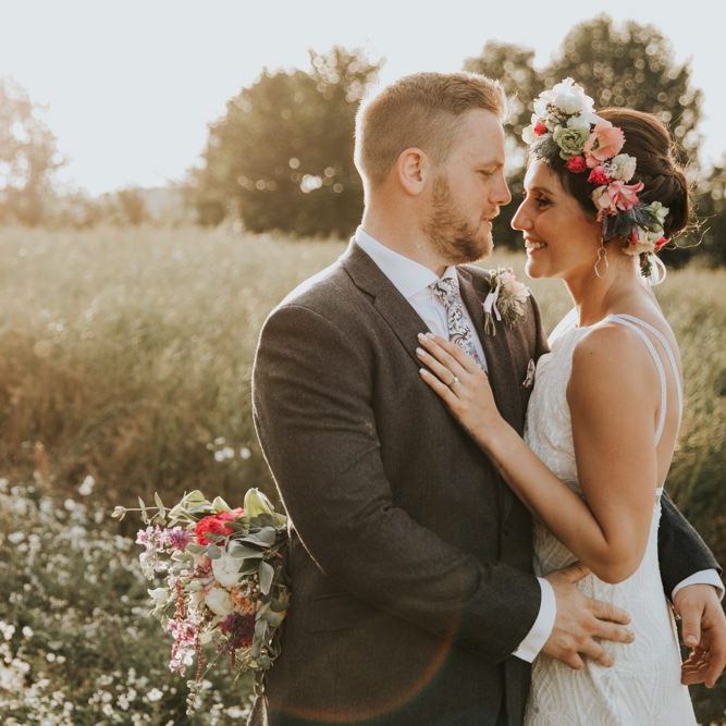 Flower crown for bride at garden wedding