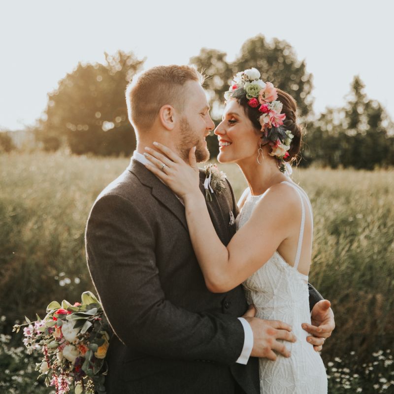 Pink flower crown for bride at garden wedding