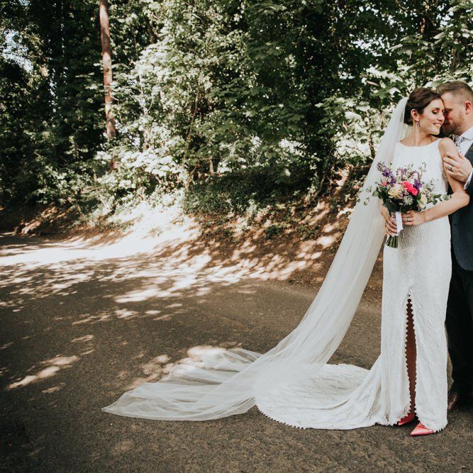 Bride and groom at garden wedding