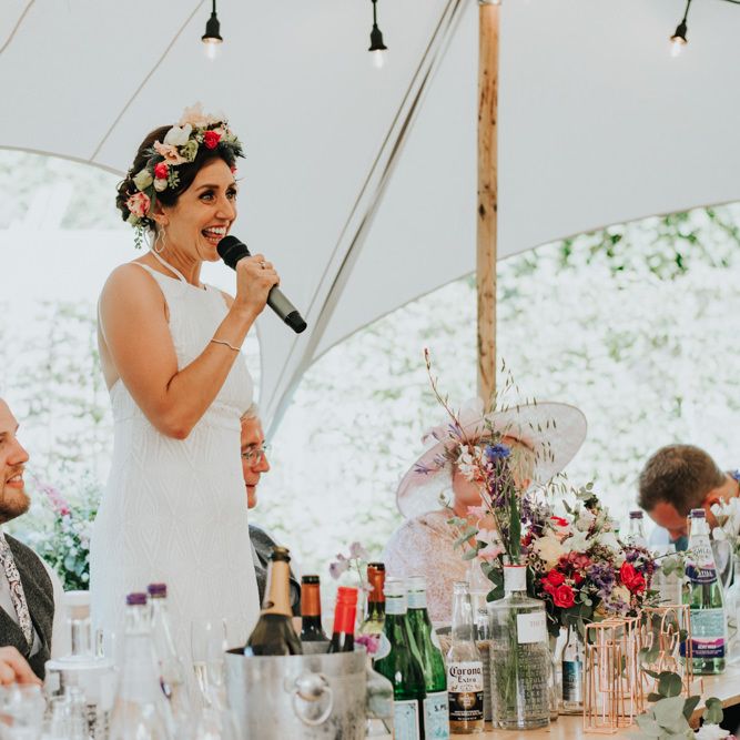 Bride speech with Bridal party in different bridesmaid dresses with hoop bouquets