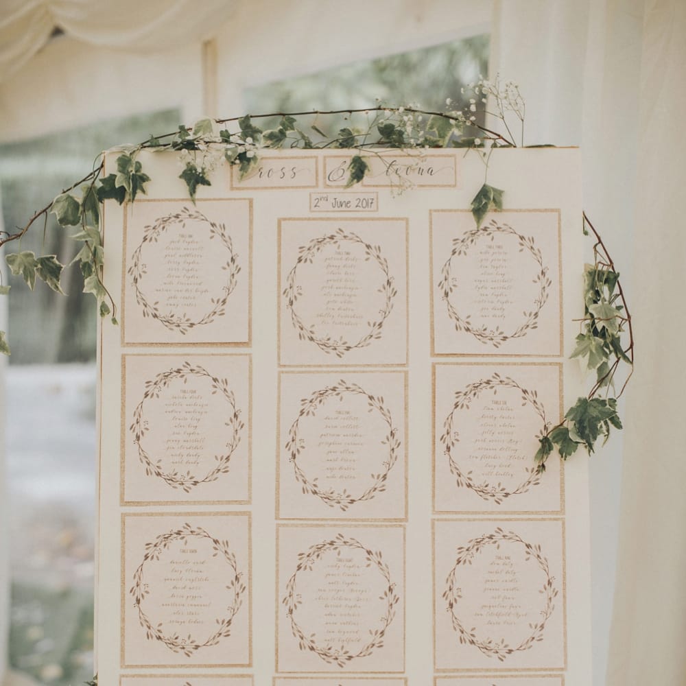 Elegant Table Plan For Wedding // Pink Ruffled Chair Covers For Romantic Pastel Pink Wedding At Dorton House With Bride In La Sposa And Images From Julia &amp; You Photography