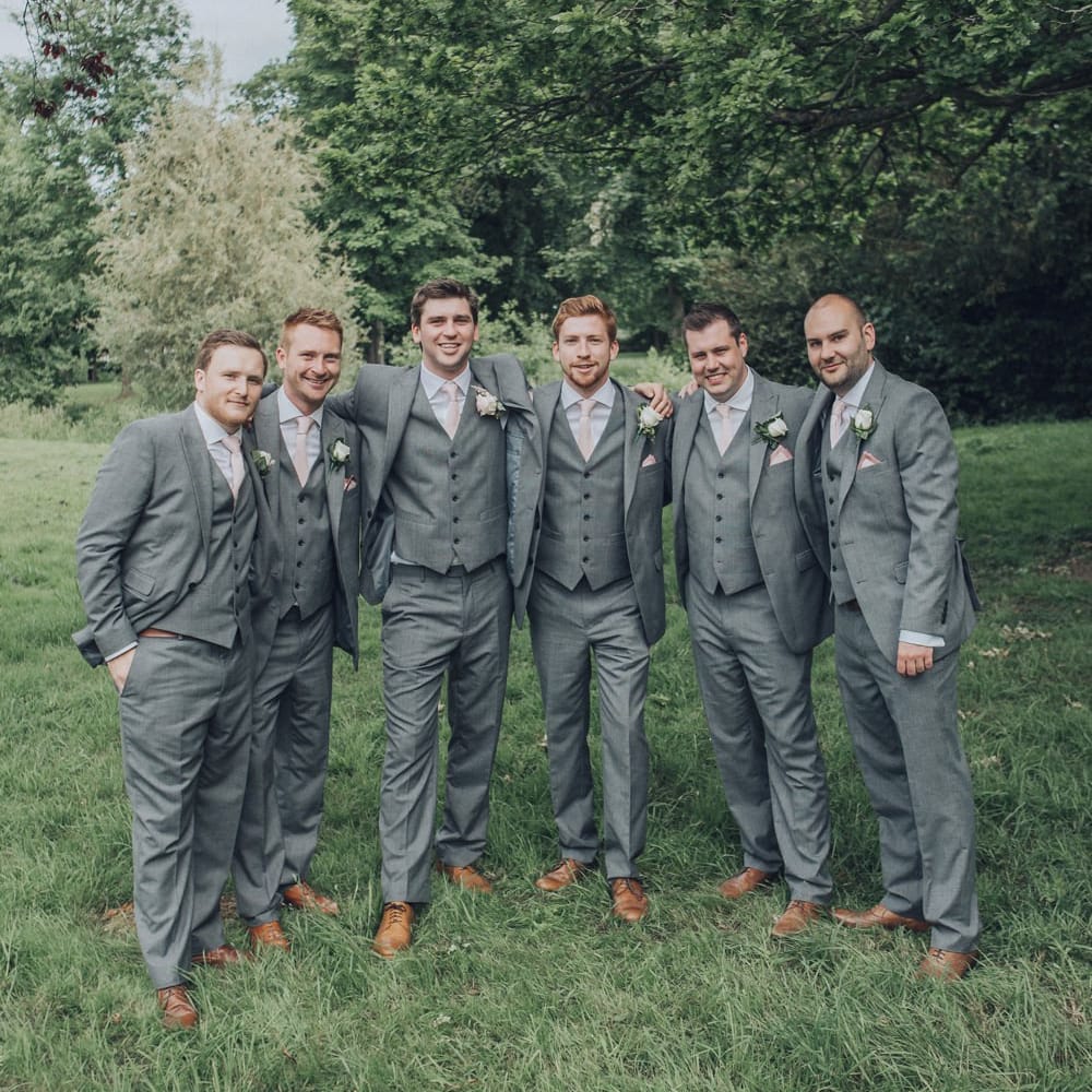 Groom &amp; Groomsmen In Moss Bros. // Pink Ruffled Chair Covers For Romantic Pastel Pink Wedding At Dorton House With Bride In La Sposa And Images From Julia &amp; You Photography