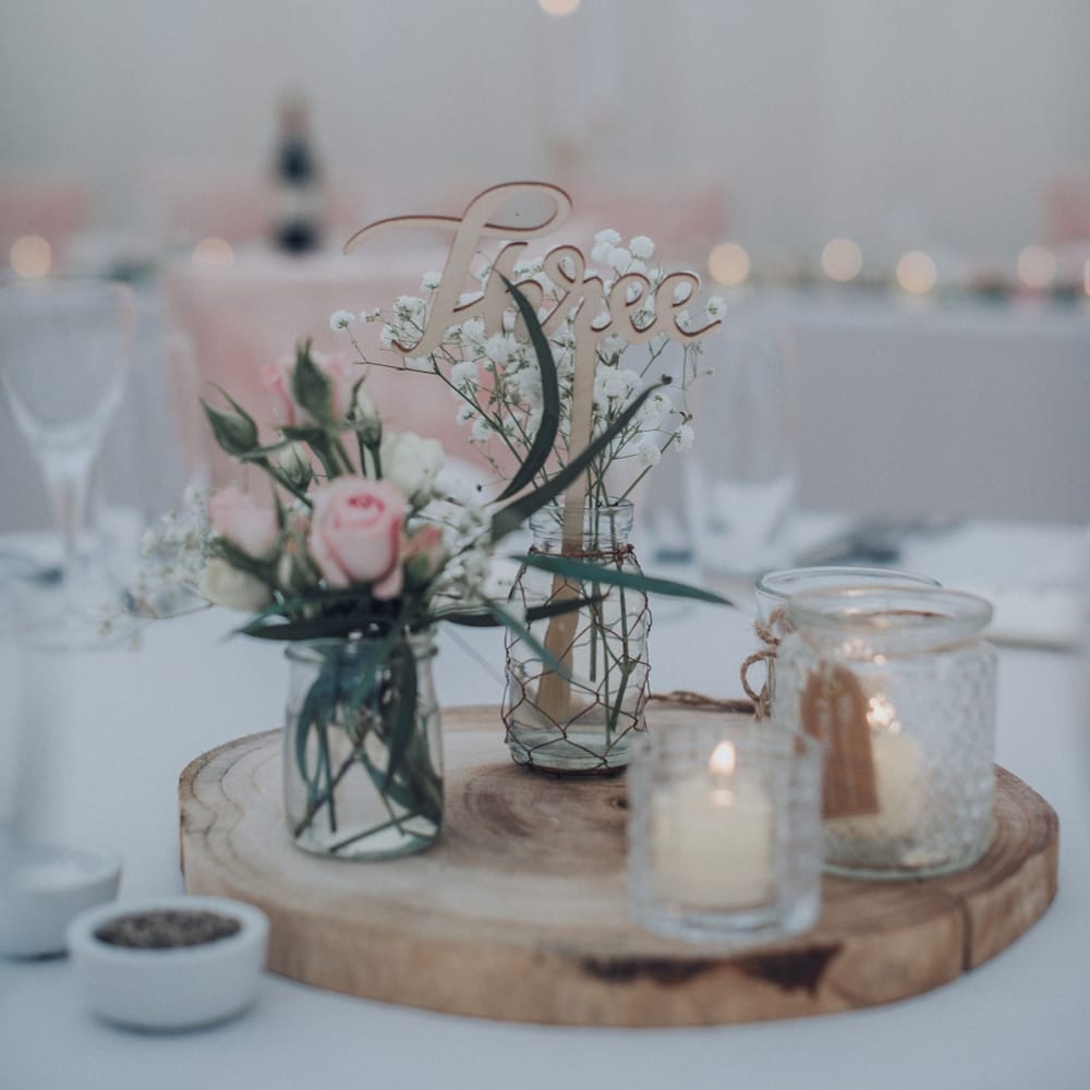 Log Slice Centre Pieces For Wedding // Pink Ruffled Chair Covers For Romantic Pastel Pink Wedding At Dorton House With Bride In La Sposa And Images From Julia &amp; You Photography
