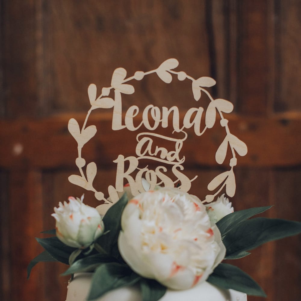 Iced Wedding Cake With Personalised Cake Topper // Pink Ruffled Chair Covers For Romantic Pastel Pink Wedding At Dorton House With Bride In La Sposa And Images From Julia &amp; You Photography