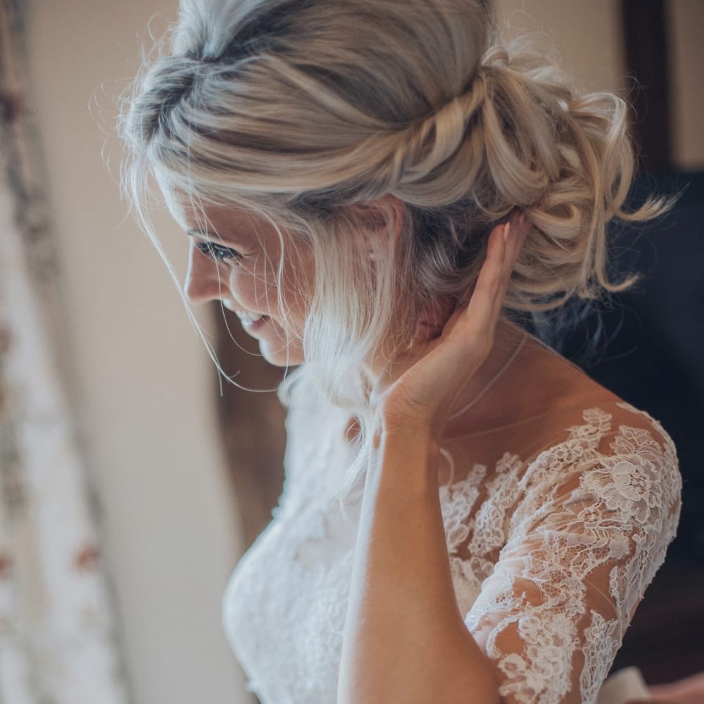 Bride With Braided Hair // Pink Ruffled Chair Covers For Romantic Pastel Pink Wedding At Dorton House With Bride In La Sposa And Images From Julia &amp; You Photography