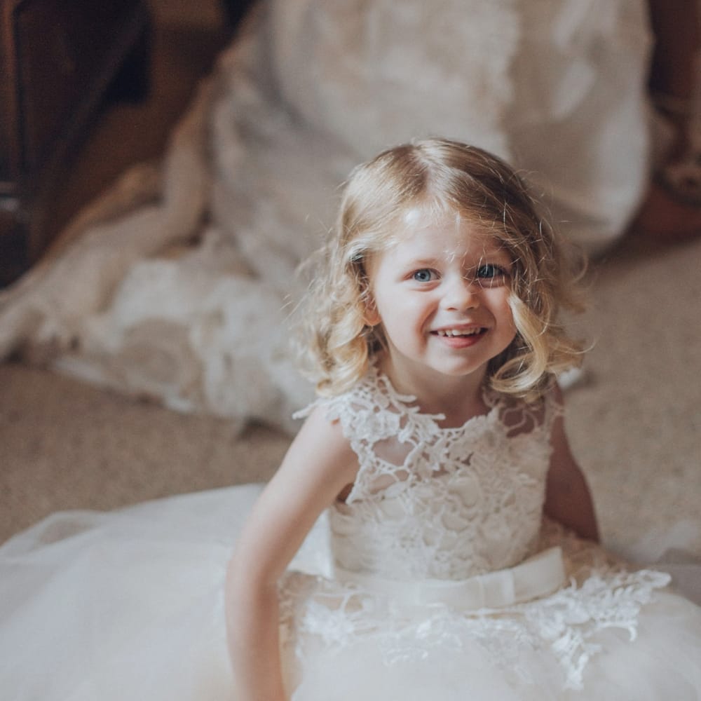 Flower Girl In White Dress // Pink Ruffled Chair Covers For Romantic Pastel Pink Wedding At Dorton House With Bride In La Sposa And Images From Julia &amp; You Photography