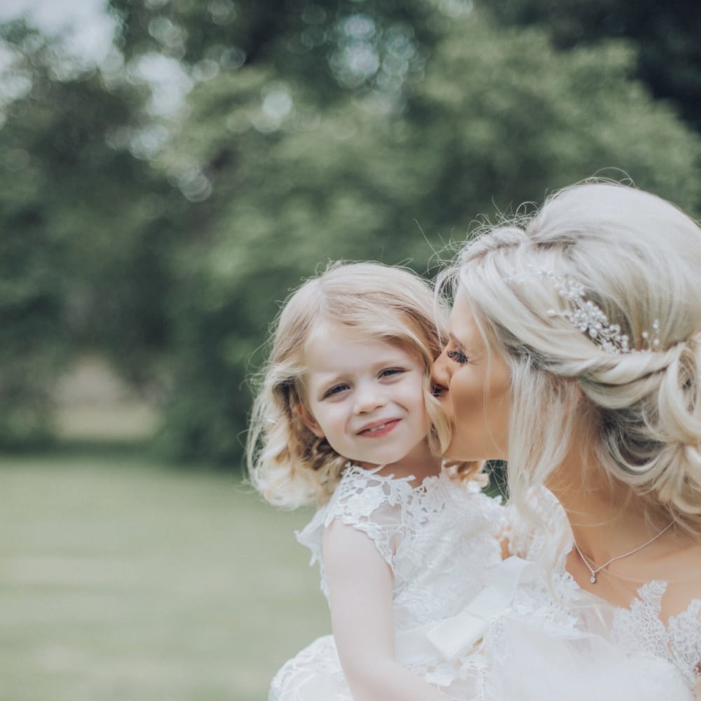 Bride With Flower Girl // Pink Ruffled Chair Covers For Romantic Pastel Pink Wedding At Dorton House With Bride In La Sposa And Images From Julia &amp; You Photography
