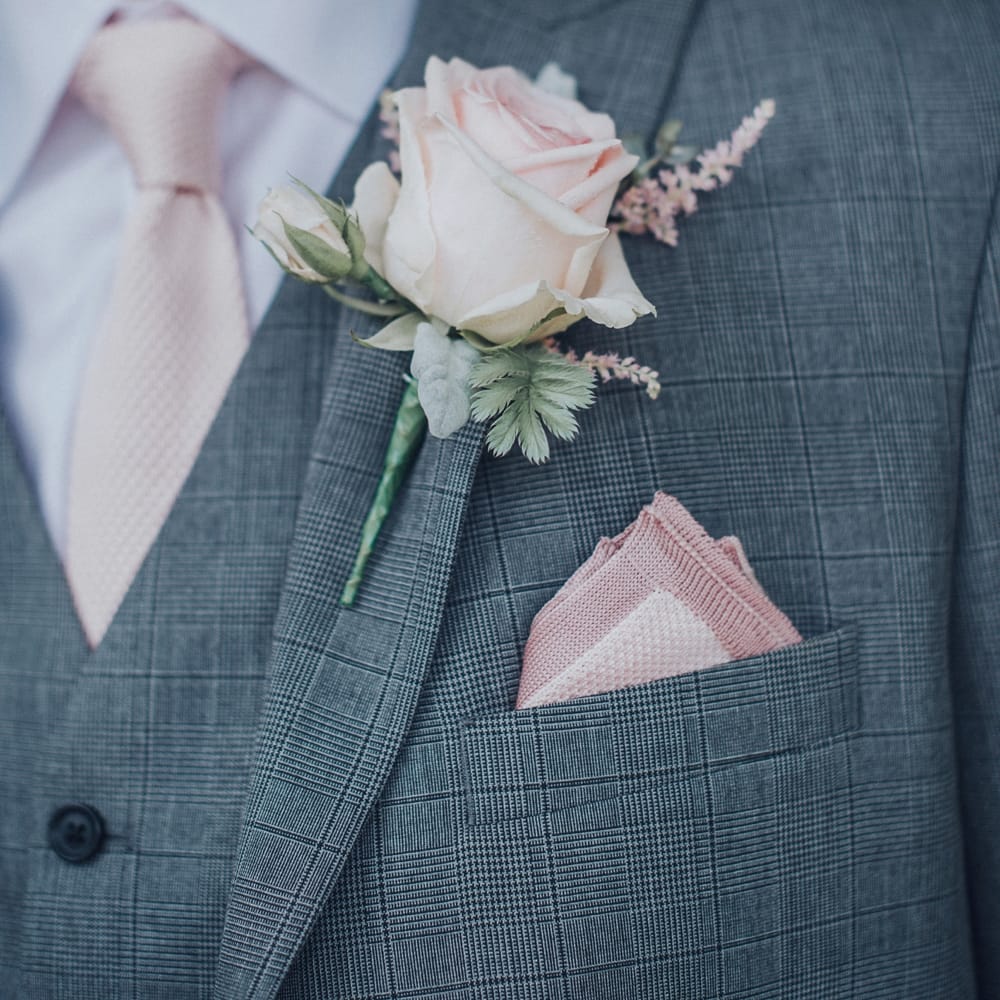 Pink Rose Buttonhole // Pink Ruffled Chair Covers For Romantic Pastel Pink Wedding At Dorton House With Bride In La Sposa And Images From Julia &amp; You Photography